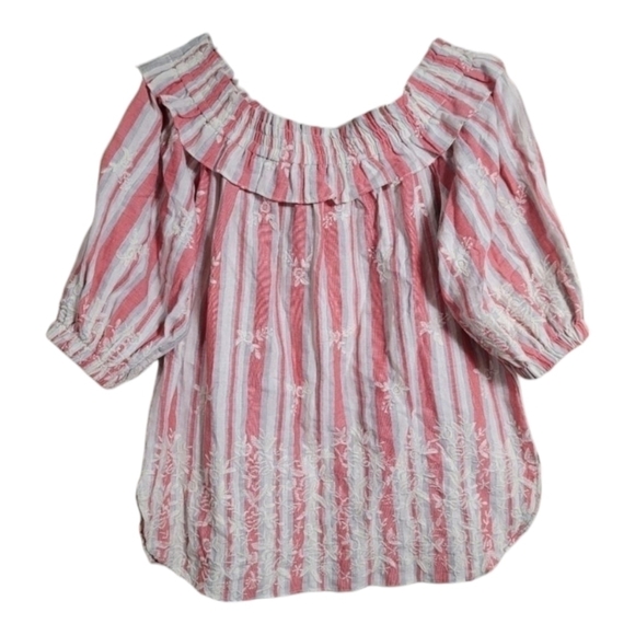 Misa Los Angeles Tops - Misa LA Striped Embroidered Peasant Blouse Top Off the Shoulder Large Red Cream